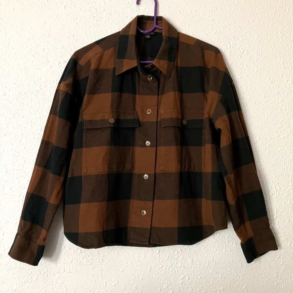 Banana Republic Cropped Flannel Shacket Brown Black Plaid Button Up Shirt Sz M